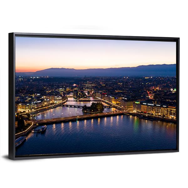 Aerial Night View Of Geneva Canvas Wall Art-3 Horizontal-Gallery Wrap-25" x 16"-Tiaracle