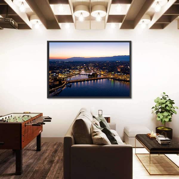 Aerial Night View Of Geneva Canvas Wall Art-3 Horizontal-Gallery Wrap-25" x 16"-Tiaracle