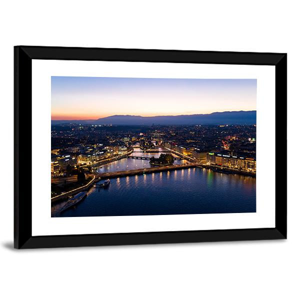 Aerial Night View Of Geneva Canvas Wall Art-3 Horizontal-Gallery Wrap-25" x 16"-Tiaracle
