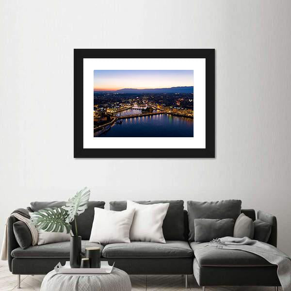 Aerial Night View Of Geneva Canvas Wall Art-3 Horizontal-Gallery Wrap-25" x 16"-Tiaracle
