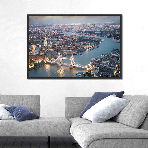 Aerial View of Tower Bridge Canvas Wall Art in gray, orange and blue, framed canvas, product view on a white background