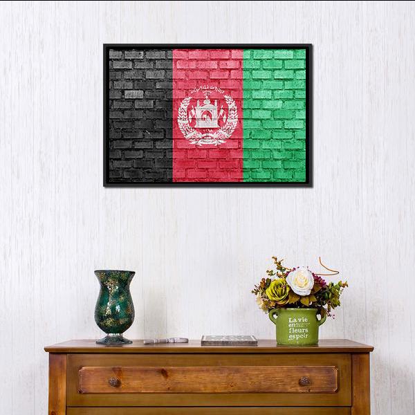 Afghanistan Flag On Bricks Wall Canvas Wall Art-1 Piece-Floating Frame-24" x 16"-Tiaracle