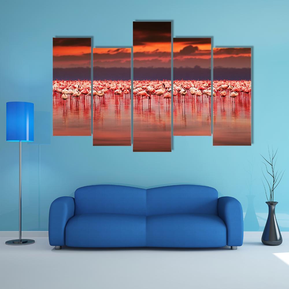 African Flamingos In Lake Canvas Wall Art-5 Pop-Gallery Wrap-47" x 32"-Tiaracle