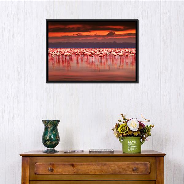 African Flamingos in Lake at Sunset Canvas Wall Art in red, orange and pink, framed canvas, product view on a white background