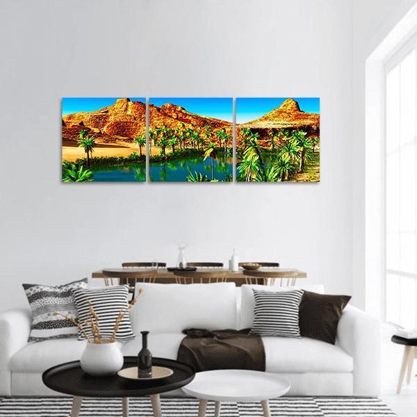 African Oasis Panoramic Canvas Wall Art-3 Piece-25" x 08"-Tiaracle