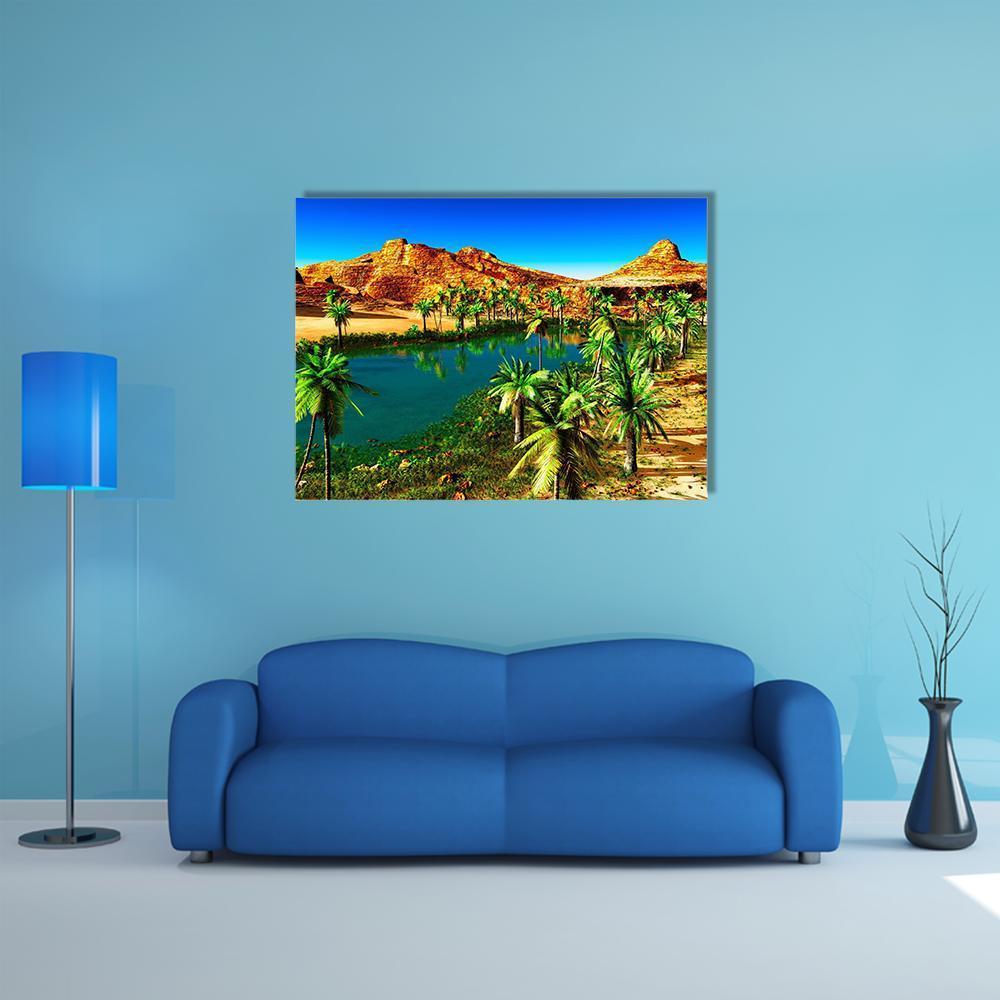 African Desert Oasis with Palm Trees Canvas Wall Art in orange, green and blue, single panel hung on a wall