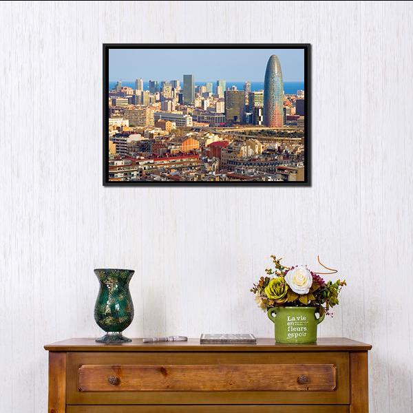 Agbar Tower In Barcelona Canvas Wall Art-1 Piece-Floating Frame-24" x 16"-Tiaracle