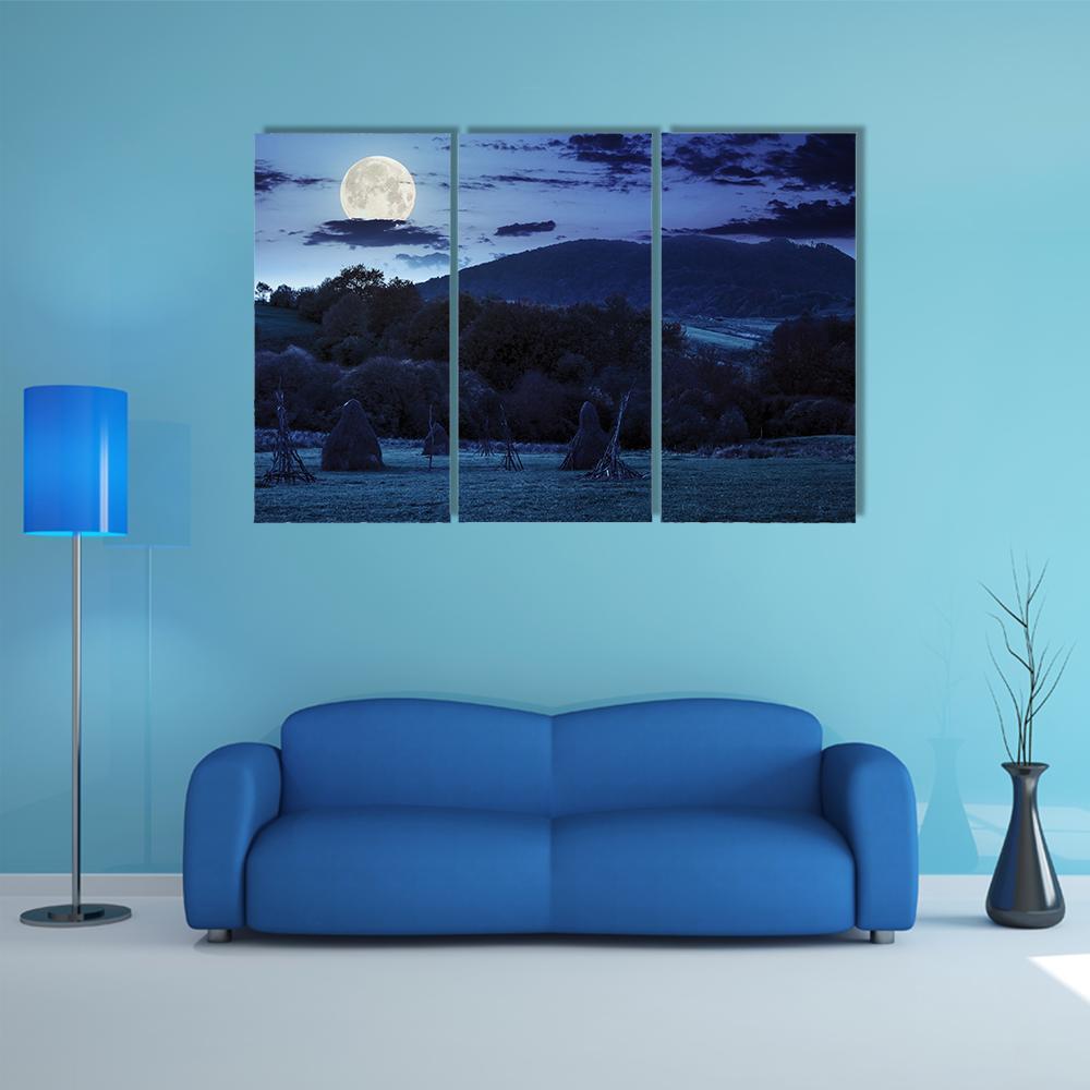 Agricultural Landscape At Night Canvas Wall Art-3 Horizontal-Gallery Wrap-37" x 24"-Tiaracle