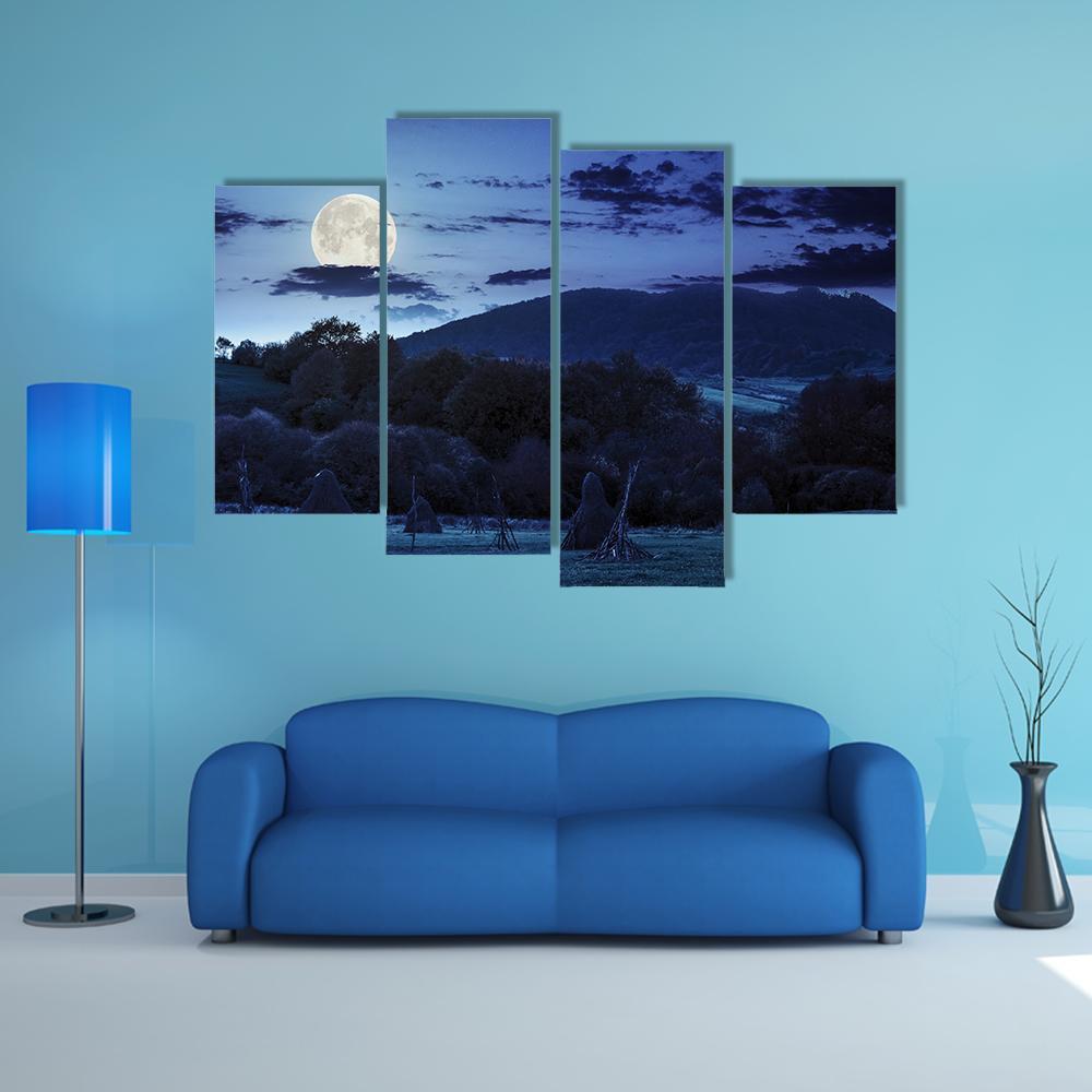 Agricultural Landscape At Night Canvas Wall Art-4 Pop-Gallery Wrap-50" x 32"-Tiaracle