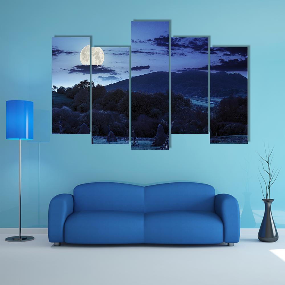 Agricultural Landscape At Night Canvas Wall Art-5 Pop-Gallery Wrap-47" x 32"-Tiaracle