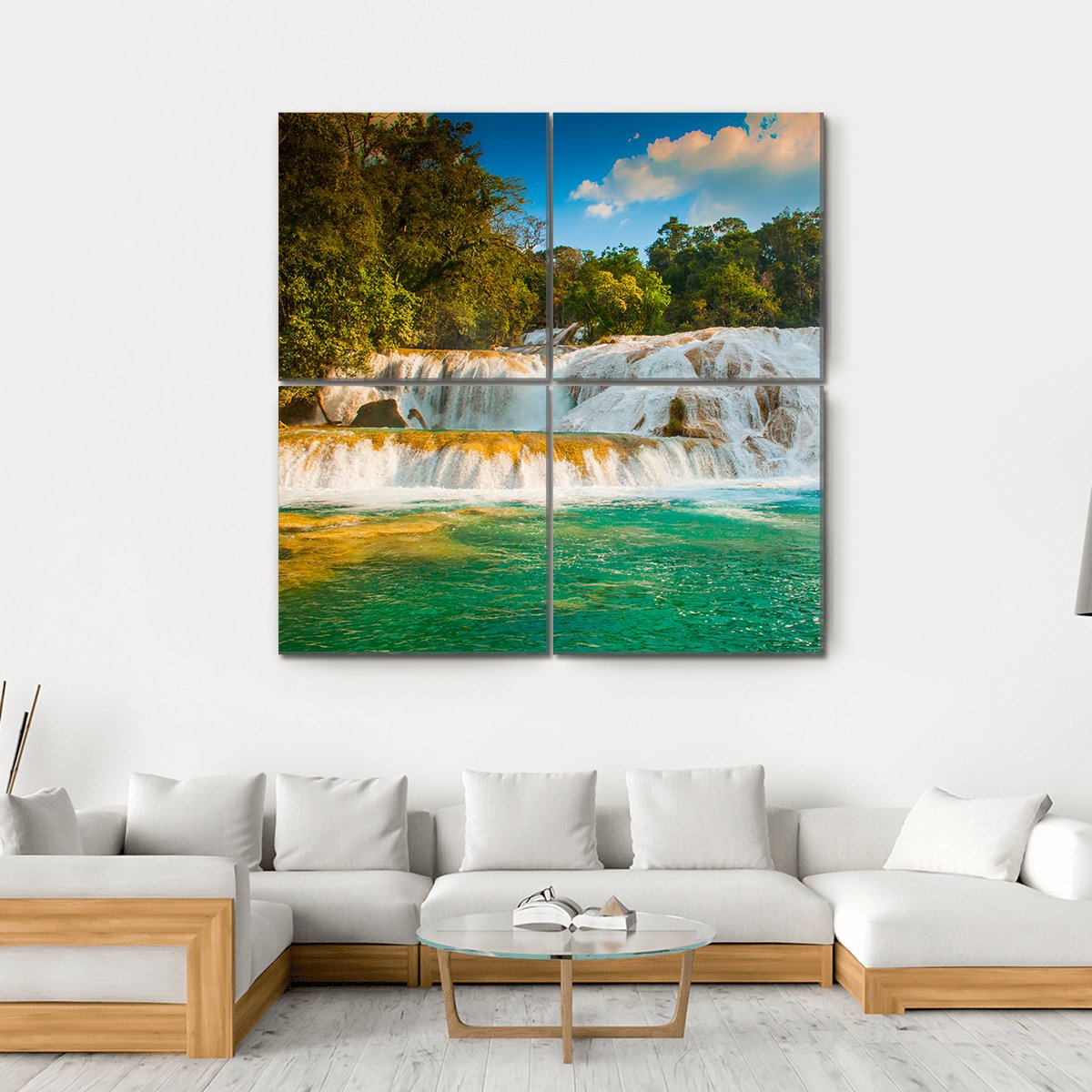 Agua Azul waterfall in Mexico Canvas Wall Art-4 Square-Gallery Wrap-17" x 17"-Tiaracle
