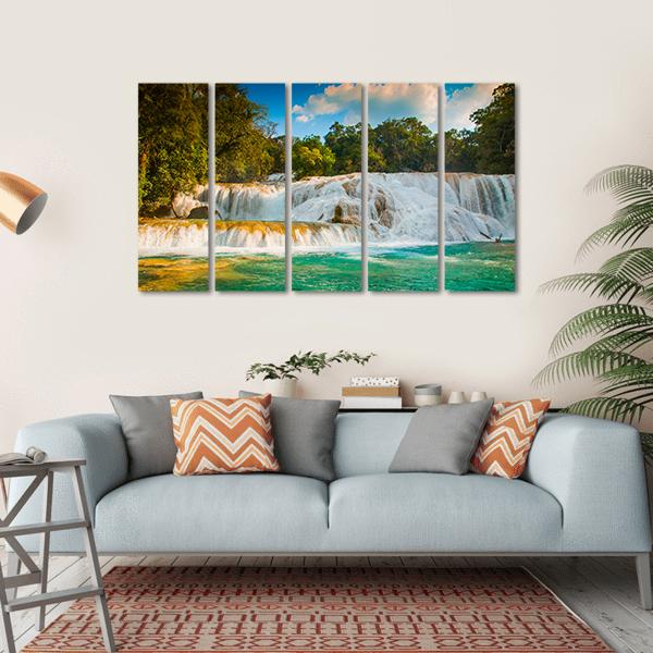 Agua Azul waterfall in Mexico Canvas Wall Art-5 Horizontal-Gallery Wrap-22" x 12"-Tiaracle