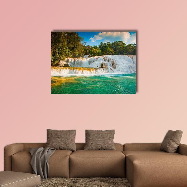 Agua Azul Waterfall Canvas Wall Art in white, green and blue, single panel hung on a wall