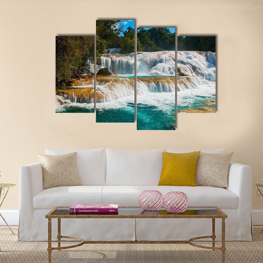 Agua Azul Waterfall Canvas Wall Art-4 Pop-Gallery Wrap-50" x 32"-Tiaracle