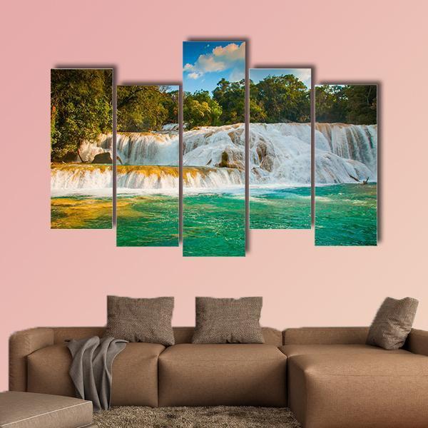 Agua Azul Waterfall Canvas Wall Art-5 Pop-Gallery Wrap-47" x 32"-Tiaracle