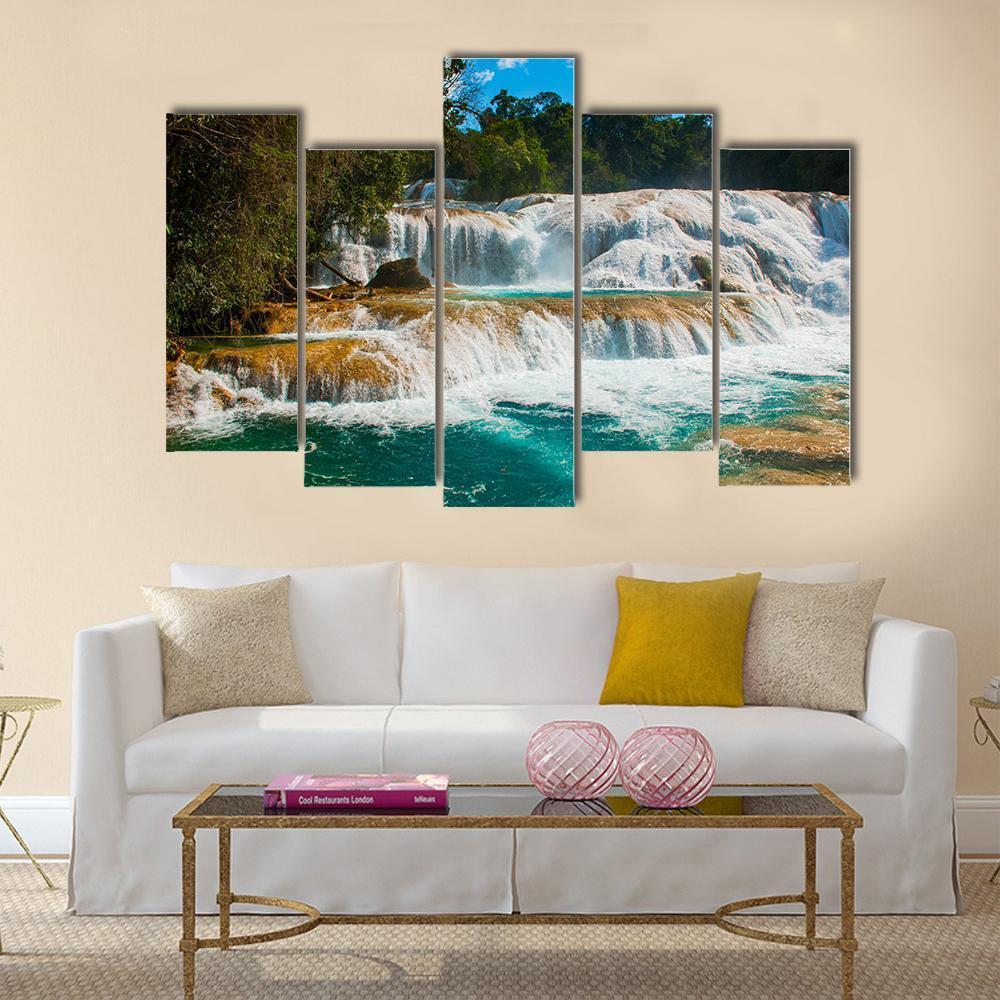 Agua Azul Waterfall Canvas Wall Art-5 Pop-Gallery Wrap-47" x 32"-Tiaracle