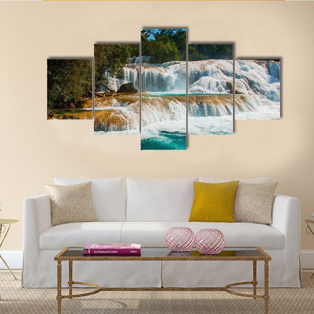 Agua Azul Waterfall Canvas Wall Art-5 Star-Gallery Wrap-62&quot; x 32&quot;-Tiaracle