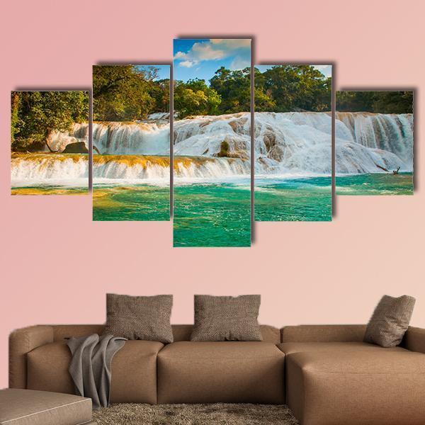 Agua Azul Waterfall Canvas Wall Art-5 Star-Gallery Wrap-62" x 32"-Tiaracle