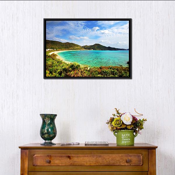 Aharen Beach Seascape Canvas Wall Art in white, green and blue, framed canvas, product view on a white background