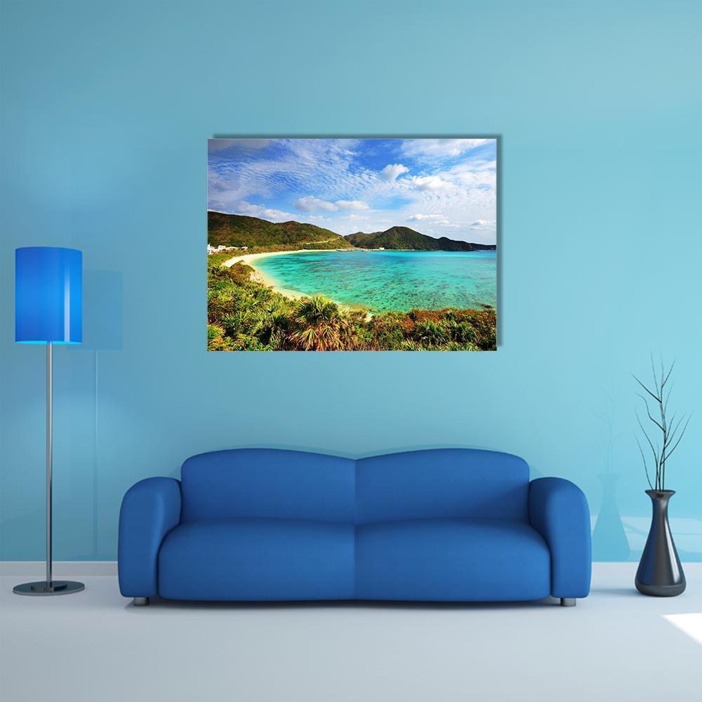 Aharen Beach Seascape Canvas Wall Art in white, green and blue, single panel hung on a wall
