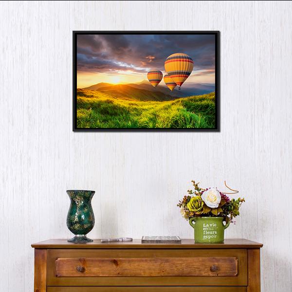 Air Ballon Above Mountains Canvas Wall Art-1 Piece-Floating Frame-24" x 16"-Tiaracle