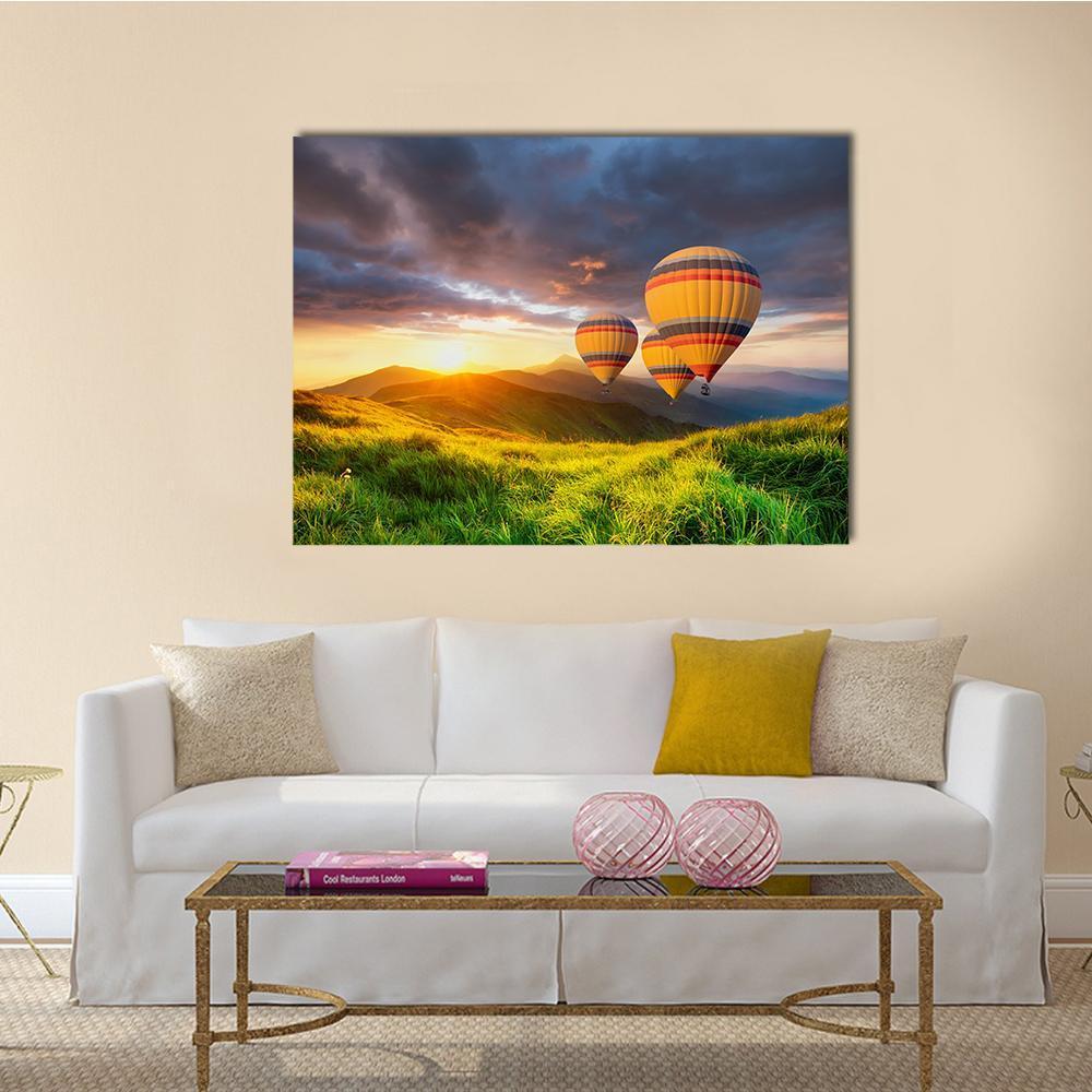 Air Ballon Above Mountains Canvas Wall Art-1 Piece-Gallery Wrap-48" x 32"-Tiaracle