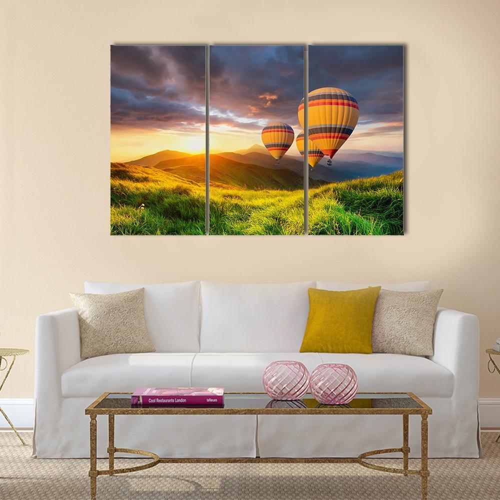 Air Ballon Above Mountains Canvas Wall Art-3 Horizontal-Gallery Wrap-37" x 24"-Tiaracle