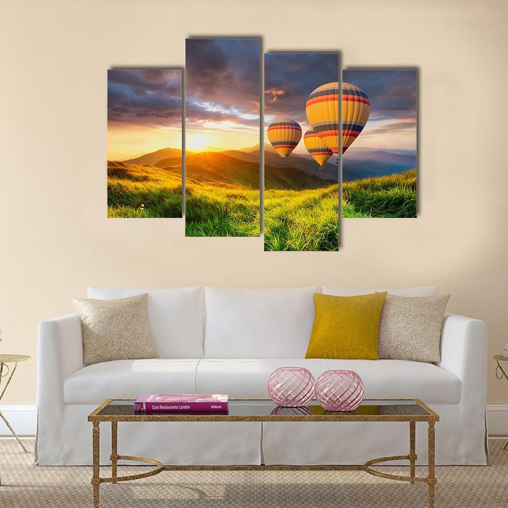 Air Ballon Above Mountains Canvas Wall Art-4 Pop-Gallery Wrap-50" x 32"-Tiaracle