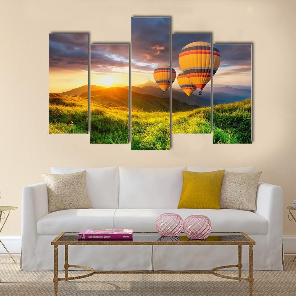 Air Ballon Above Mountains Canvas Wall Art-5 Pop-Gallery Wrap-47&quot; x 32&quot;-Tiaracle