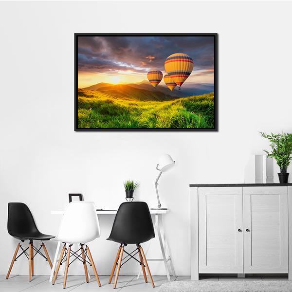 Air Balloon Above Mountains Canvas Wall Art-1 Piece-Floating Frame-24" x 16"-Tiaracle