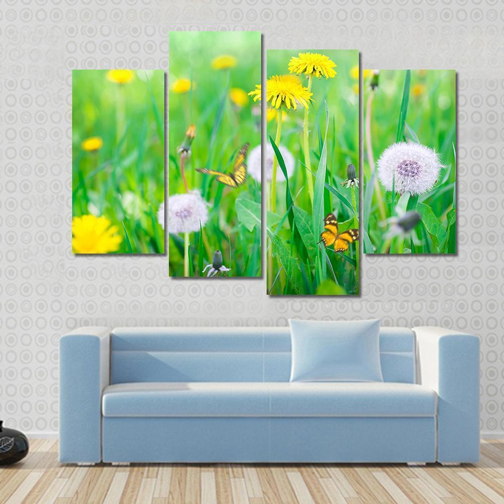 Air Dandelions On Green Field Canvas Wall Art-4 Pop-Gallery Wrap-50" x 32"-Tiaracle
