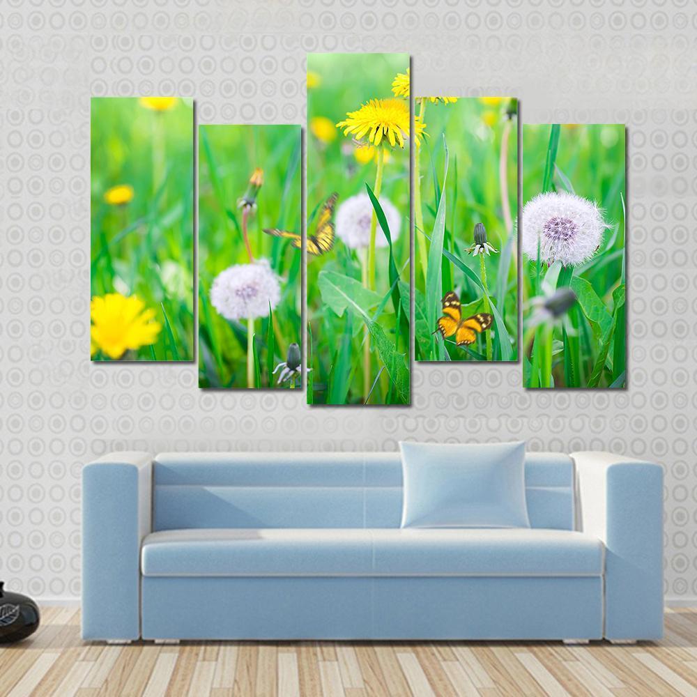 Air Dandelions On Green Field Canvas Wall Art-5 Pop-Gallery Wrap-47" x 32"-Tiaracle