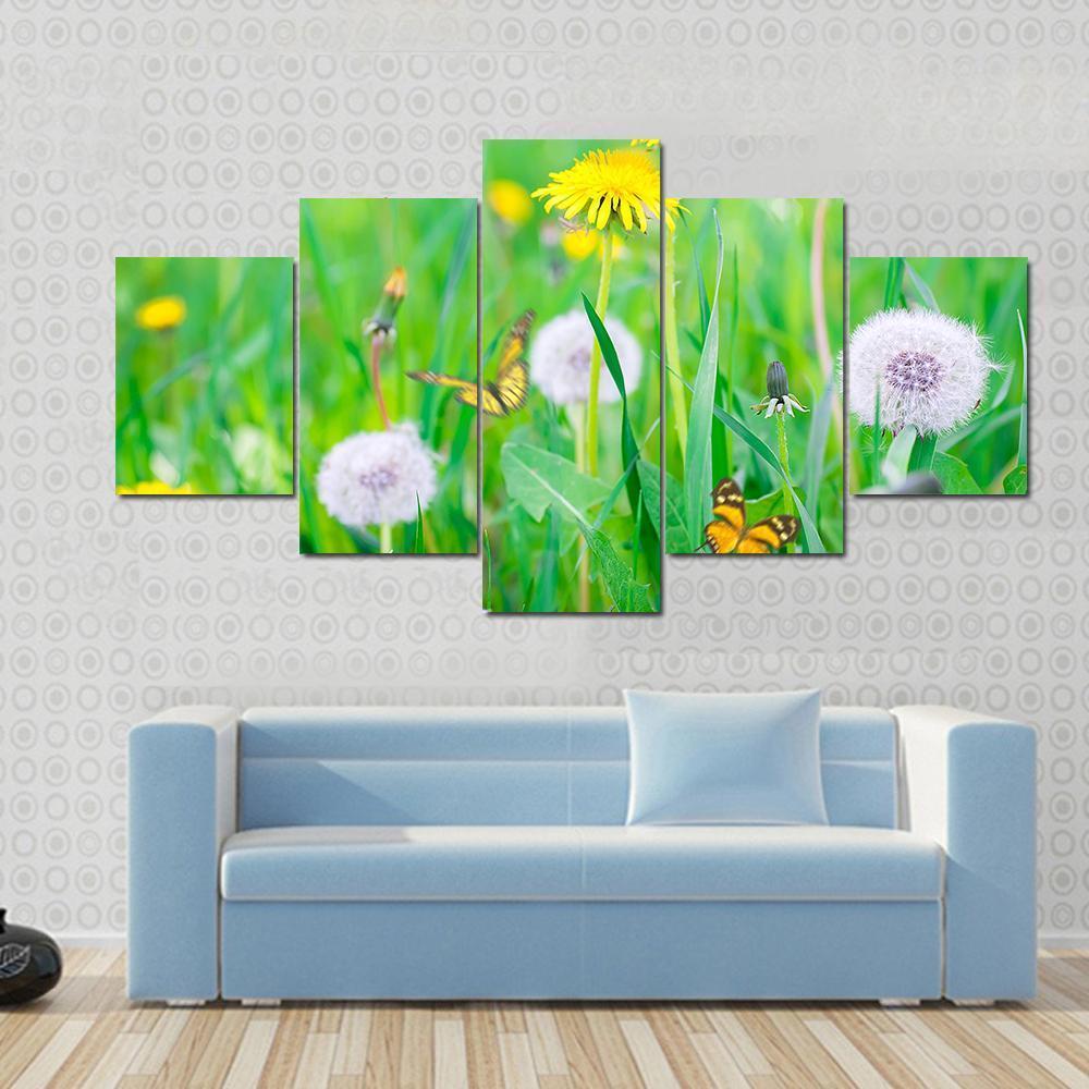 Air Dandelions On Green Field Canvas Wall Art-5 Star-Gallery Wrap-62" x 32"-Tiaracle