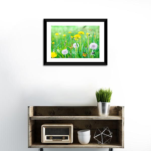 Air Dandelions On Green Field Canvas Wall Art-1 Piece-Framed Print-20" x 16"-Tiaracle