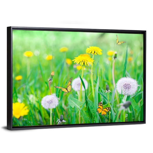 Air Dandelions On Green Field Canvas Wall Art-3 Horizontal-Gallery Wrap-25" x 16"-Tiaracle
