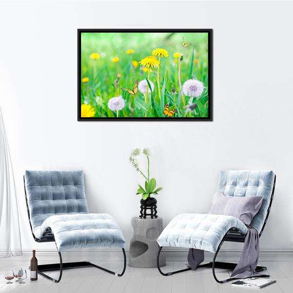 Air Dandelions On Green Field Canvas Wall Art-3 Horizontal-Gallery Wrap-25" x 16"-Tiaracle