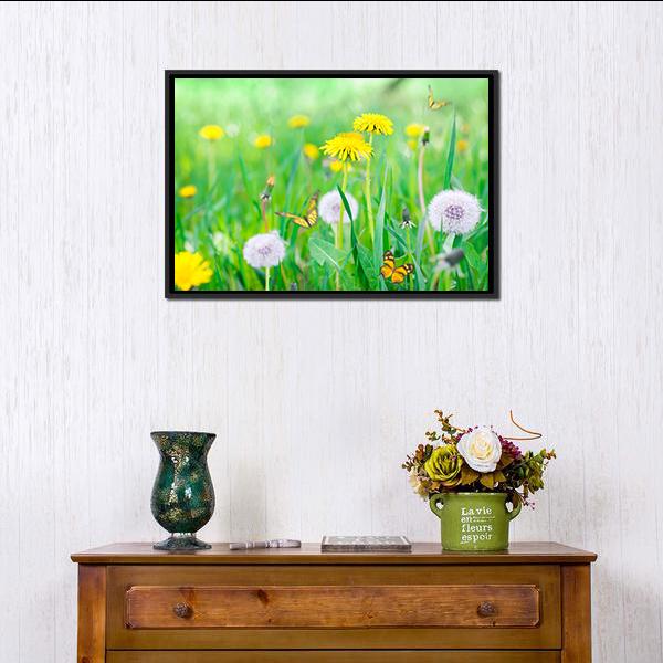 Air Dandelions On Green Field Canvas Wall Art-1 Piece-Floating Frame-24" x 16"-Tiaracle