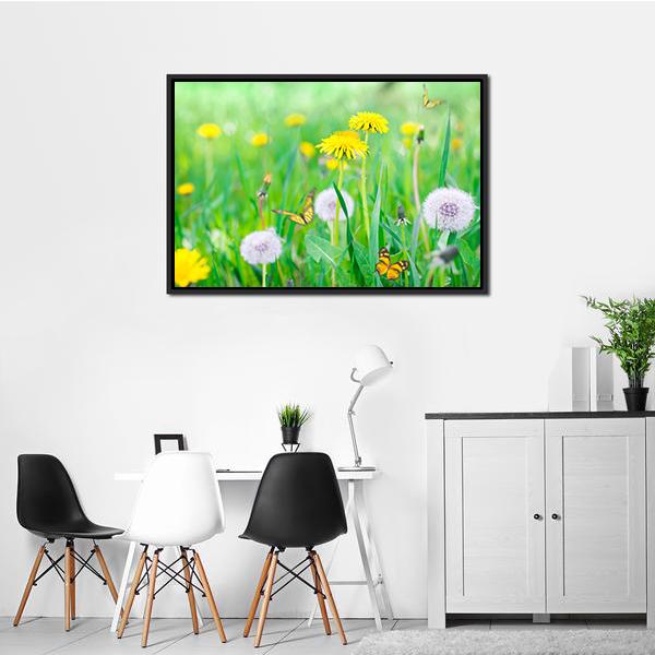 Air Dandelions On Green Field Canvas Wall Art-3 Horizontal-Gallery Wrap-25" x 16"-Tiaracle