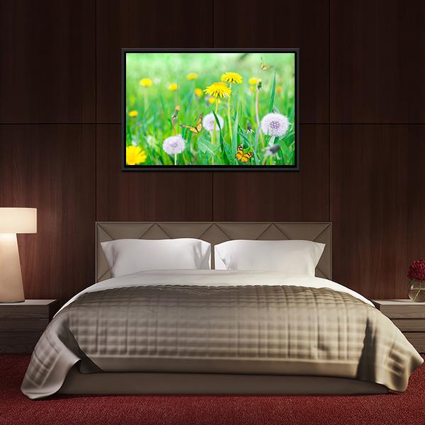 Air Dandelions On Green Field Canvas Wall Art-3 Horizontal-Gallery Wrap-25" x 16"-Tiaracle