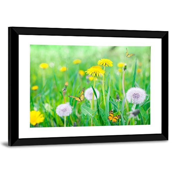 Air Dandelions On Green Field Canvas Wall Art-3 Horizontal-Gallery Wrap-25" x 16"-Tiaracle