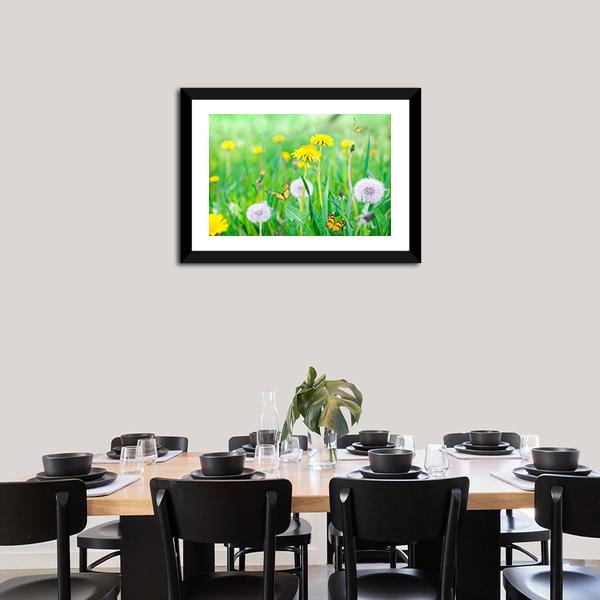Air Dandelions On Green Field Canvas Wall Art-3 Horizontal-Gallery Wrap-25" x 16"-Tiaracle