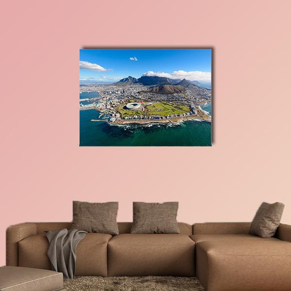 Aerial View of Cape Town Canvas Wall Art in gray, green and blue, single panel hung on a wall