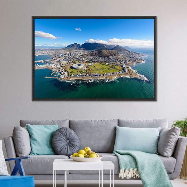 Aerial View of Cape Town Canvas Wall Art in gray, green and blue, framed canvas, product view on a white background