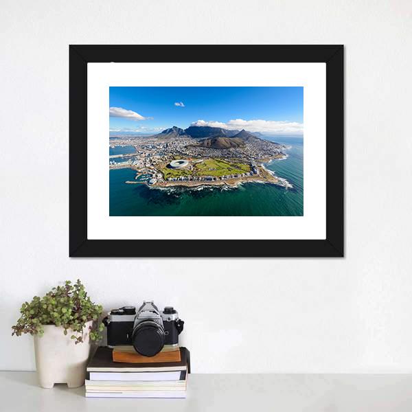 Aerial View of Cape Town Canvas Wall Art in gray, green and blue, framed print, product view on a white background
