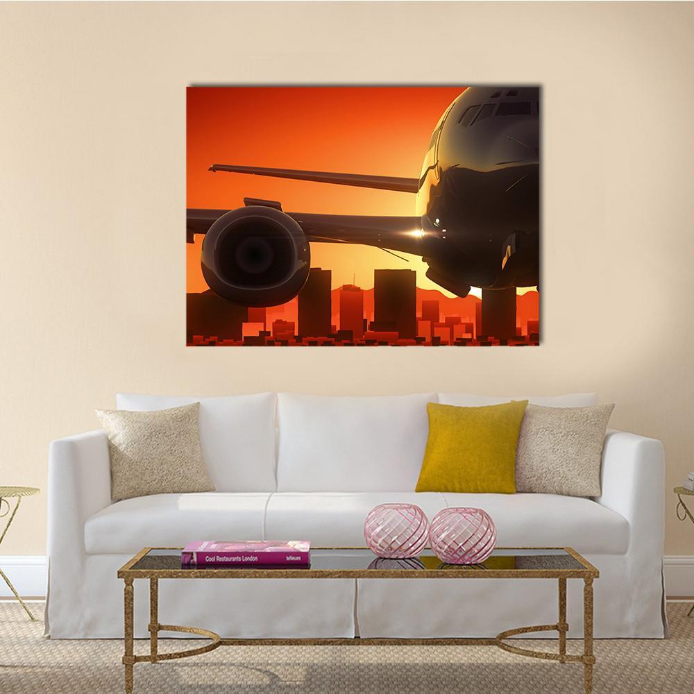 Airplane Engine Over City at Sunset Canvas Wall Art in black, orange and yellow, single panel hung on a wall