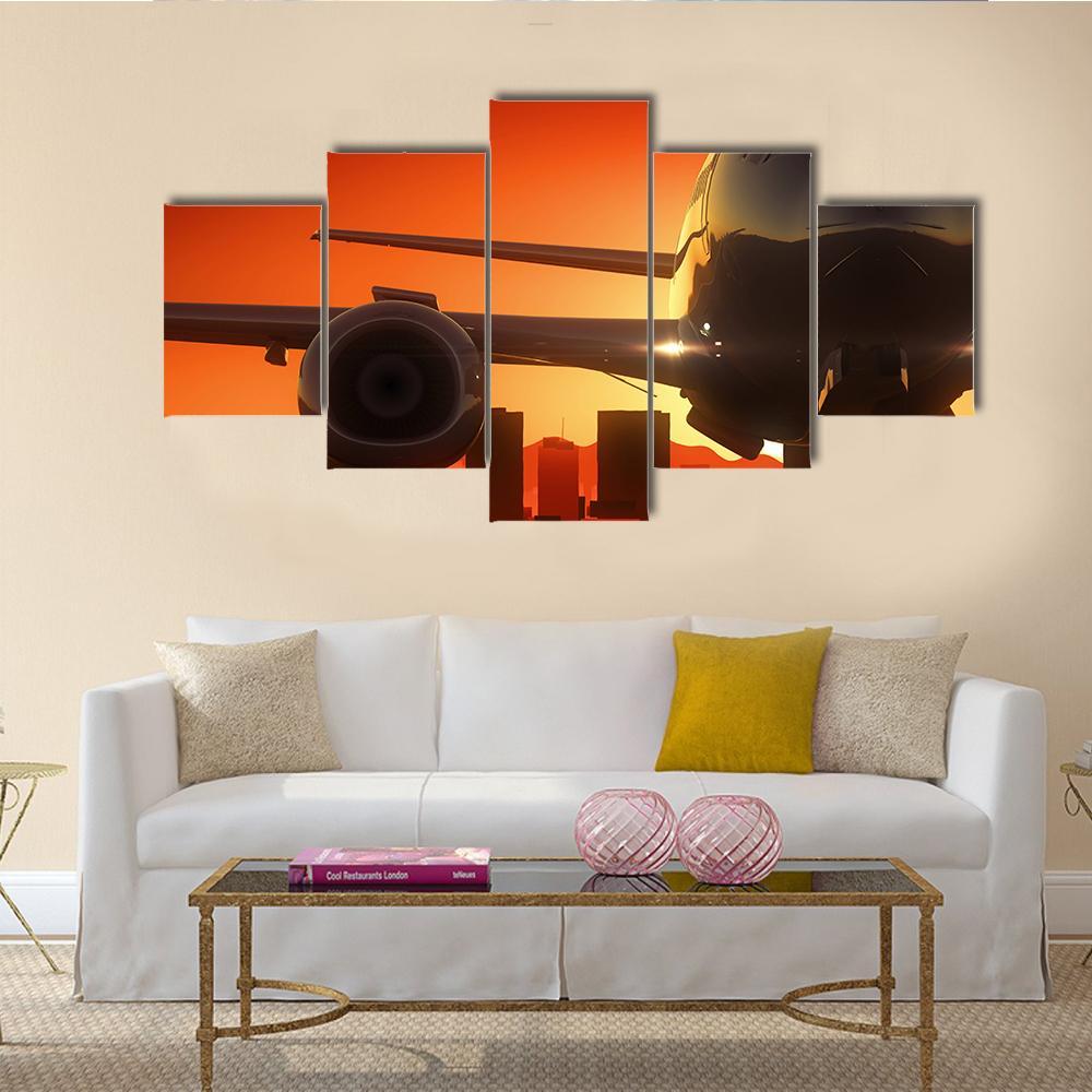 Aircraft At Sunrise Canvas Wall Art-5 Star-Gallery Wrap-62" x 32"-Tiaracle