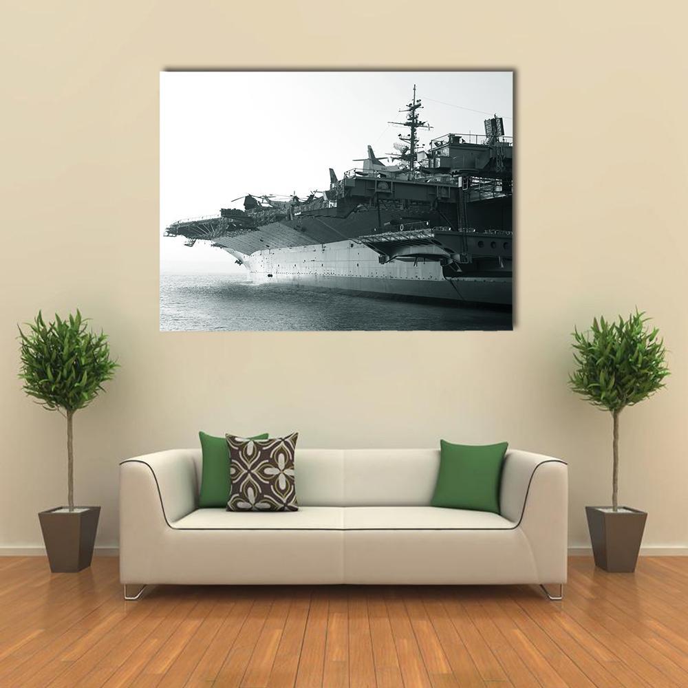 Aircraft Carrier at Sea Canvas Wall Art in black, white and gray, single panel hung on a wall