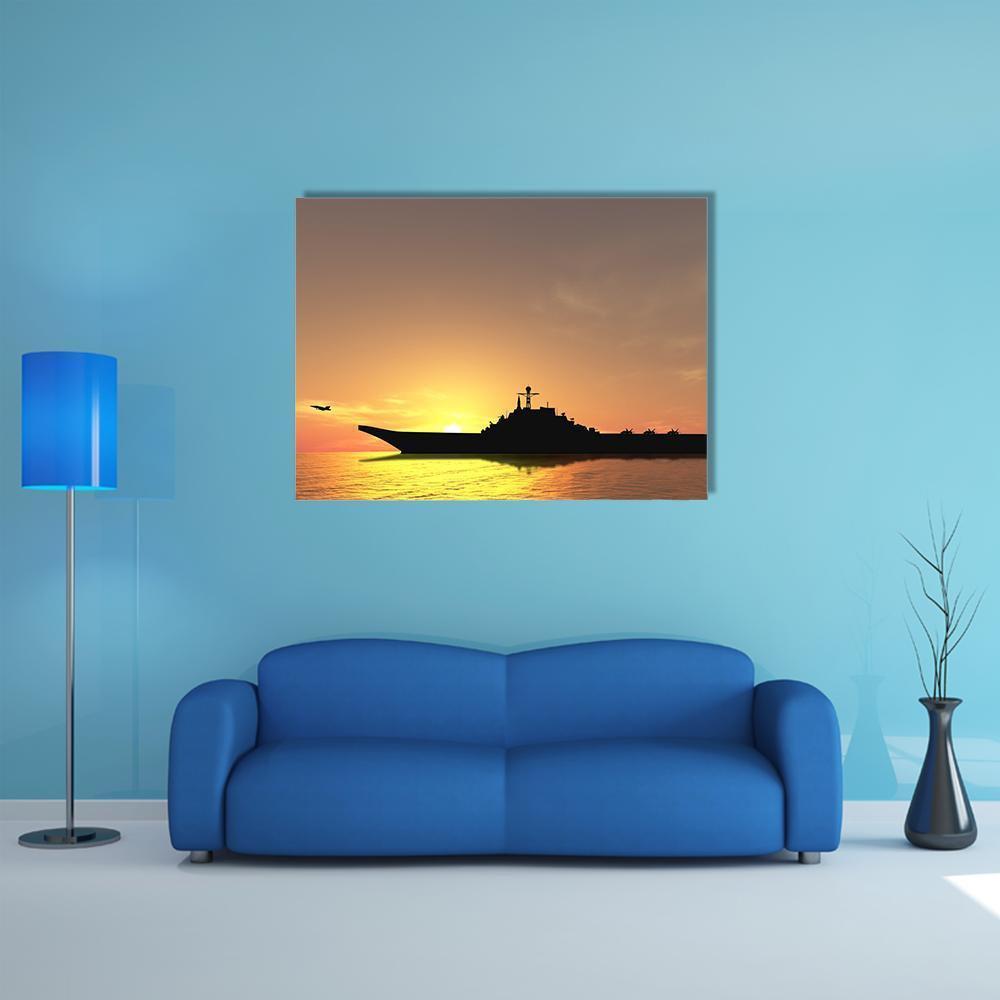 Aircraft Carrier at Sunset with Plane Canvas Wall Art in black, orange and yellow, single panel hung on a wall