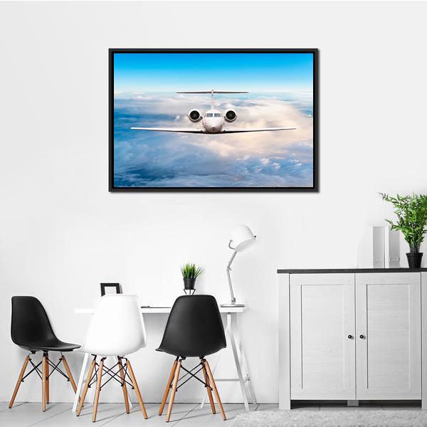 Private Jet in Flight Canvas Wall Art in white and blue, framed canvas, product view on a white background