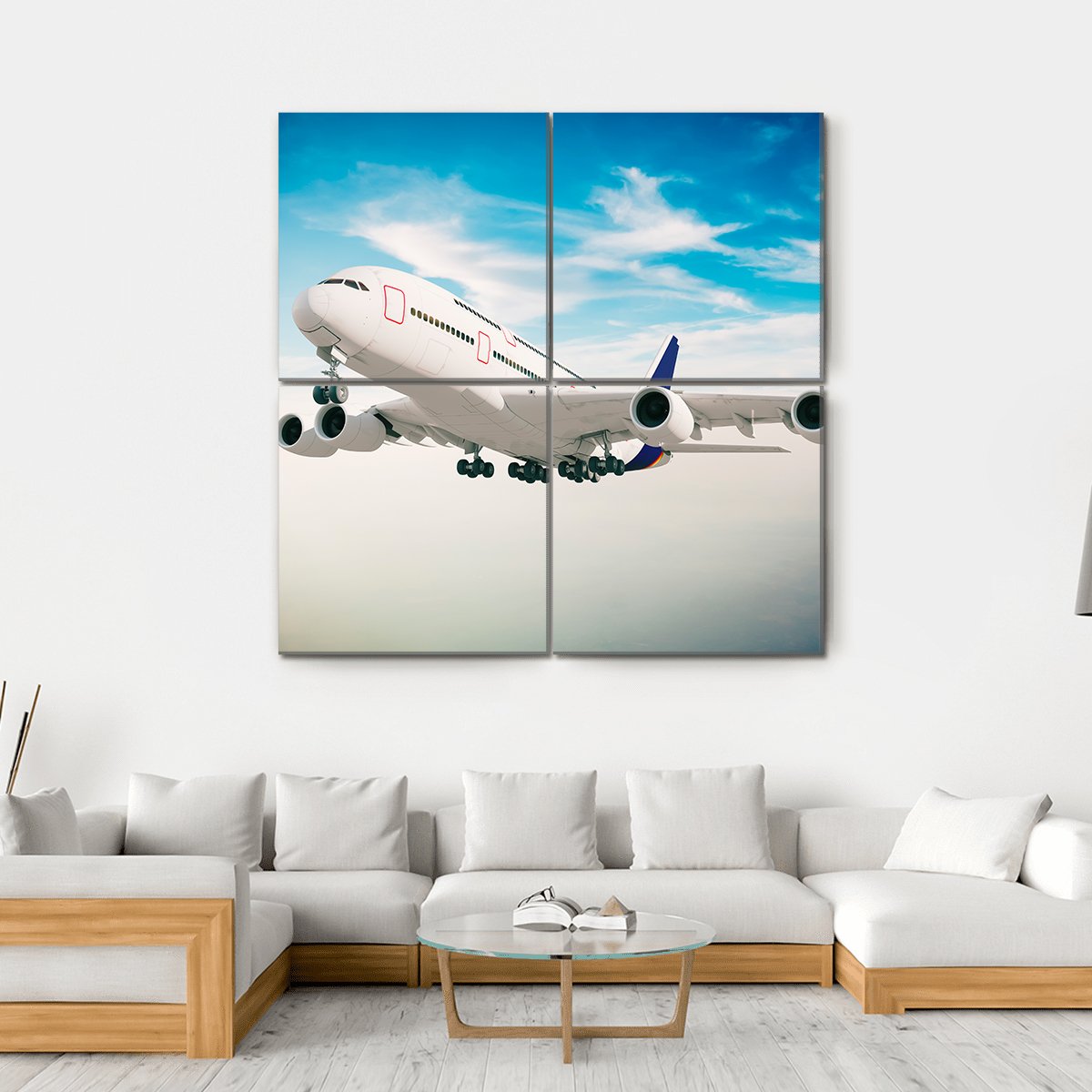 Airplane Against Blue Sky Canvas Wall Art-4 Square-Gallery Wrap-17" x 17"-Tiaracle